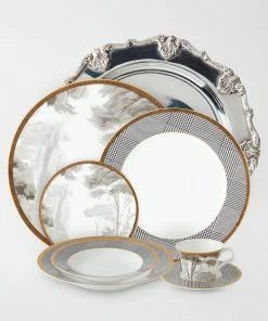 TRISH SCULLY HOME GRISAILLE & GLEN PLAID 5PC. BONE CHINA SET