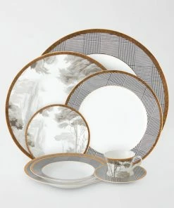 TRISH SCULLY HOME GRISAILLE & GLEN PLAID 5PC. BONE CHINA SET