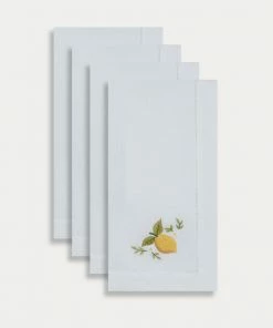 TRISH SCULLY HOME HAND EMBROIDERED LEMON NAPKIN SET OF 4