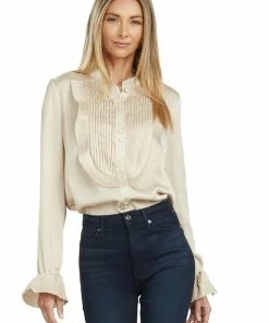 TRISH SCULLY HOME MAYA TUXEDO PLEATED BLOUSE GOLD