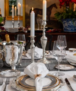 TRISH SCULLY HOME GRISAILLE & GLEN PLAID 5PC. BONE CHINA SET